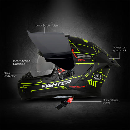 Steelbird SBH-57 Fighter F6 ISI and DOT Certified Full Face Graphic Helmet for Men and Women with Inner Silver Sun Shield (Glossy Black Neon)