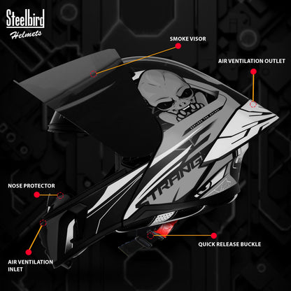 Steelbird SBA-20 Strange ISI Certified Flip-Up Graphic Helmet for Men and Women (Glossy Black Grey with Smoke Visor)
