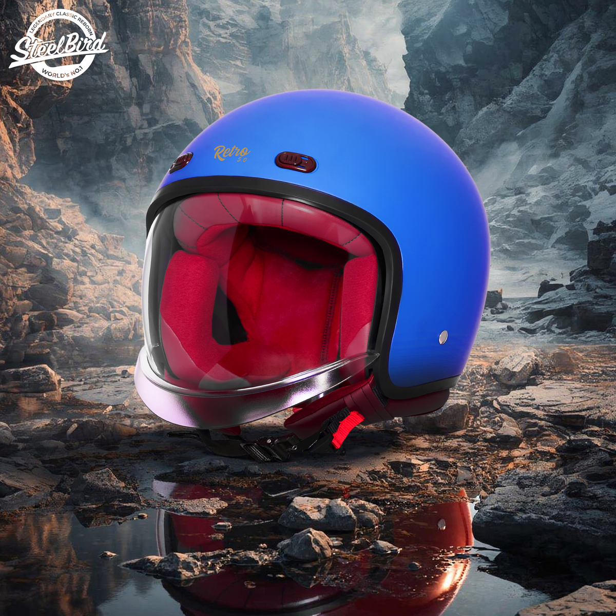 Steelbird SBH-67 Retro 5.0 ISI and DOT Certified Open Face Helmet for Men and Women (Glossy Yamaha Blue)