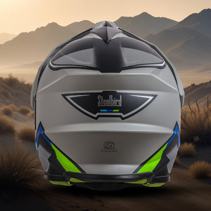 Steelbird Racer Off Road ISI Certified Motocross Double Visor Full Face Graphic Helmet Outer Clear Visor and Inner Silver Sun Shield (Glossy Grey Green)