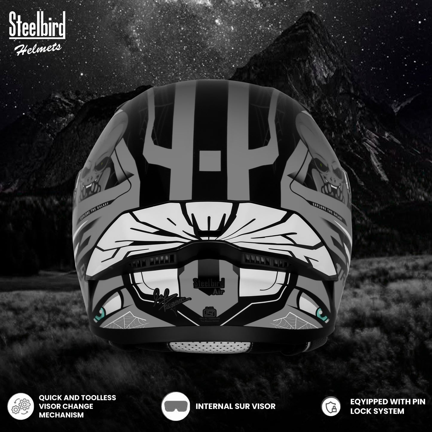 Steelbird SBA-20 Strange ISI Certified Flip-Up Graphic Helmet for Men and Women (Glossy Black Grey)