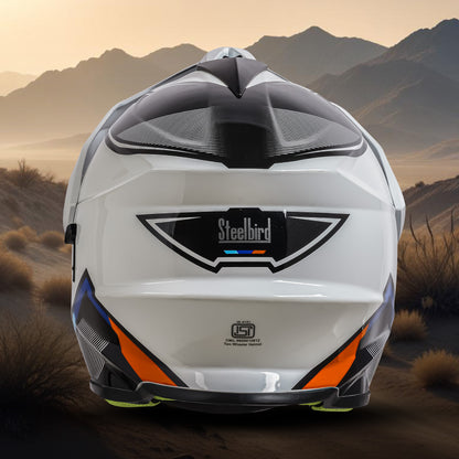 Steelbird Racer Off Road ISI Certified Motocross Double Visor Full Face Graphic Helmet Outer Clear Visor and Inner Silver Sun Shield (Glossy White Orange)