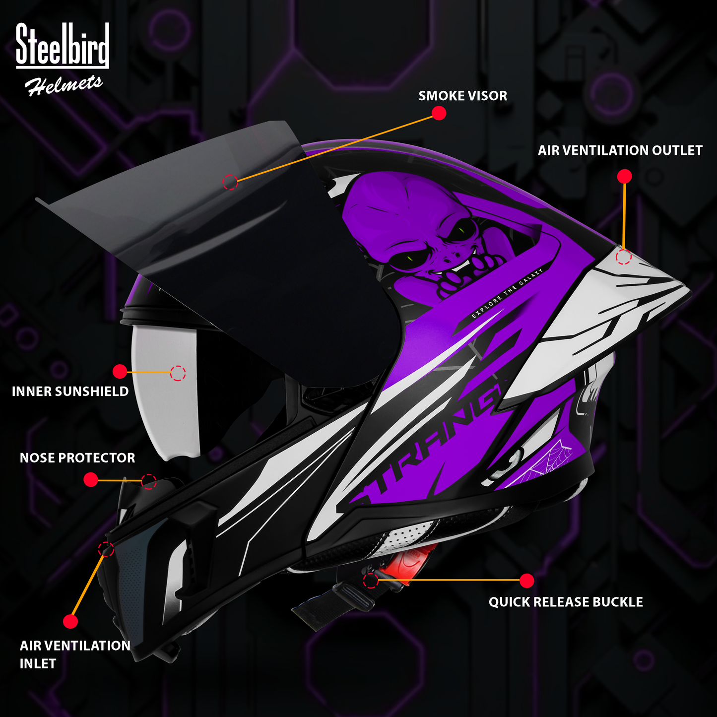 Steelbird SBA-20 Strange ISI Certified Flip-Up Graphic Helmet for Men and Women with Inner Silver Sun Shield (Glossy Black Purple with Smoke Visor)
