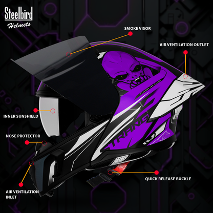 Steelbird SBA-20 Strange ISI Certified Flip-Up Graphic Helmet for Men and Women with Inner Silver Sun Shield (Glossy Black Purple with Smoke Visor)