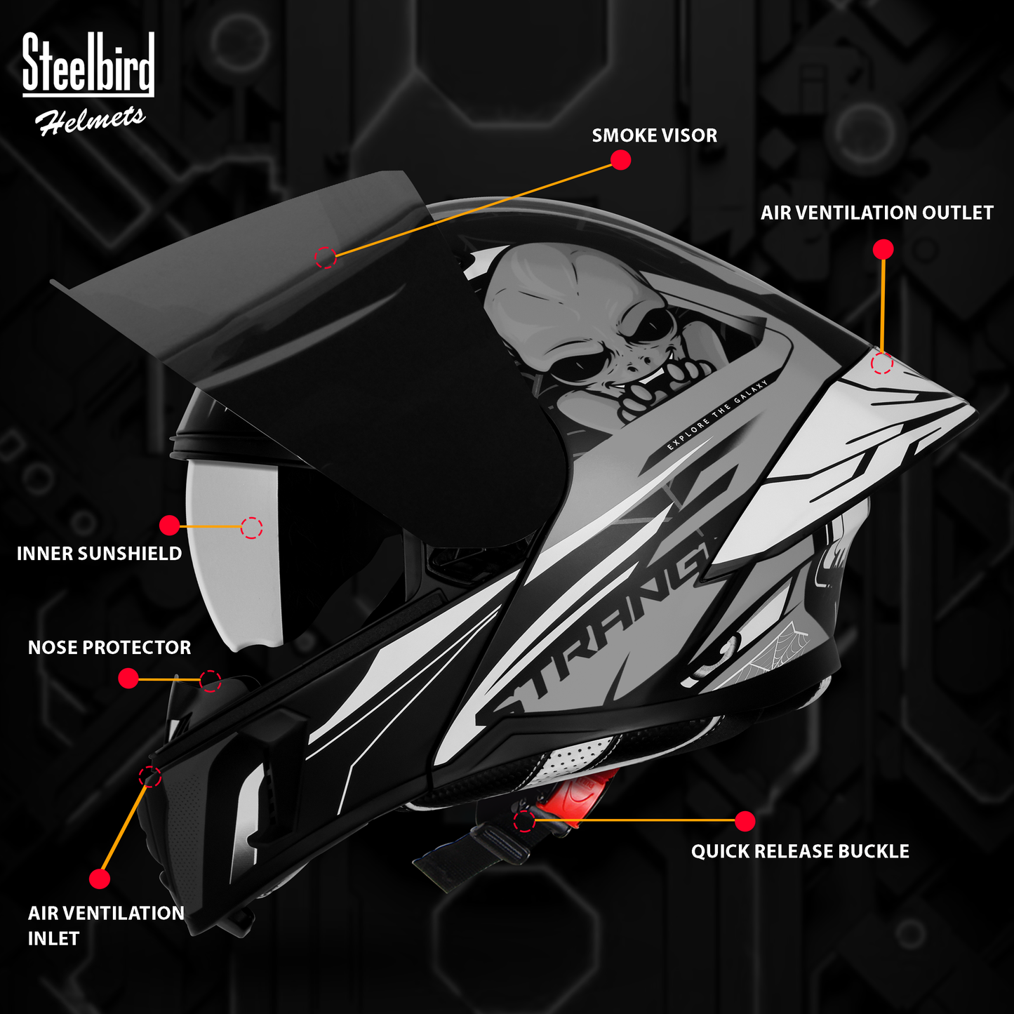 Steelbird SBA-20 Strange ISI Certified Flip-Up Graphic Helmet for Men and Women with Inner Silver Sun Shield (Glossy Black Grey with Smoke Visor)