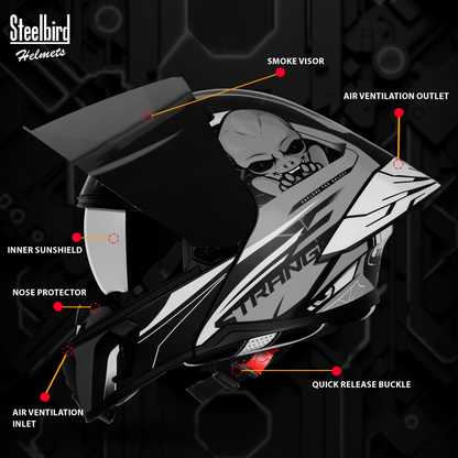 Steelbird SBA-20 Strange ISI Certified Flip-Up Graphic Helmet for Men and Women with Inner Silver Sun Shield (Glossy Black Grey with Smoke Visor)