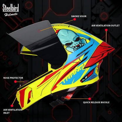 Steelbird SBA-20 Strange ISI Certified Flip-Up Graphic Helmet for Men and Women (Glossy Fluo Neon Cyan Green  with Smoke Visor)