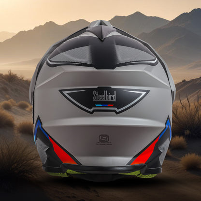 Steelbird Racer Off Road ISI Certified Motocross Double Visor Full Face Graphic Helmet Outer Clear Visor and Inner Silver Sun Shield (Glossy Grey Red)