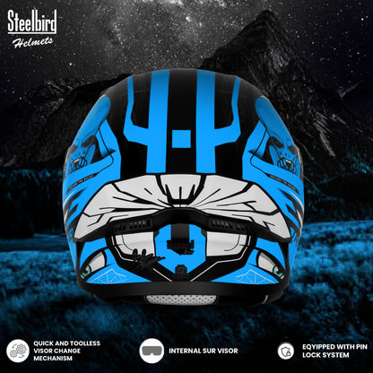 Steelbird SBA-20 Strange ISI Certified Flip-Up Graphic Helmet for Men and Women (Glossy Black Jazz Blue)