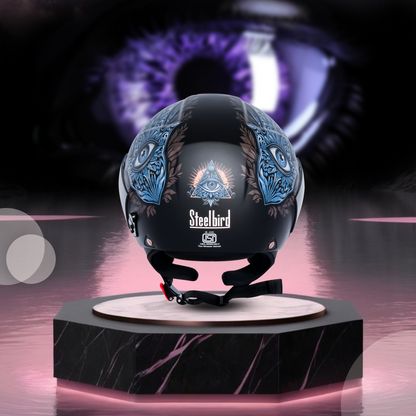 SBH-5 Hamsa Eye Graphic Helmet ISI Certified Open Face Helmet for Women (Glossy Black Blue)