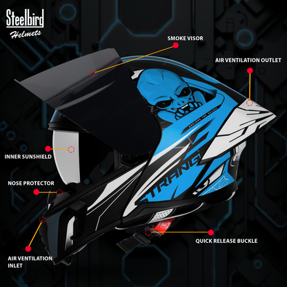 Steelbird SBA-20 Strange ISI Certified Flip-Up Graphic Helmet for Men and Women with Inner Silver Sun Shield (Glossy Black Jazz Blue with Smoke Visor)