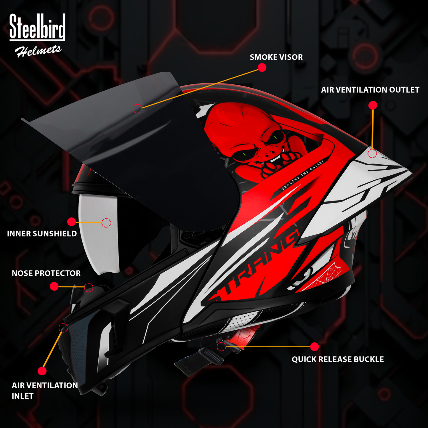 Steelbird SBA-20 Strange ISI Certified Flip-Up Graphic Helmet for Men and Women with Inner Silver Sun Shield (Glossy Black Red with Smoke Visor)