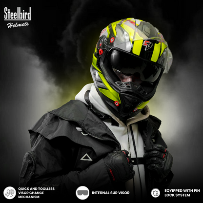 Steelbird SBH-57 Fighter F8 ISI and DOT Certified Full Face Graphic Helmet for Men and Women with Inner Silver Sun Shield (Glossy Black Grey)