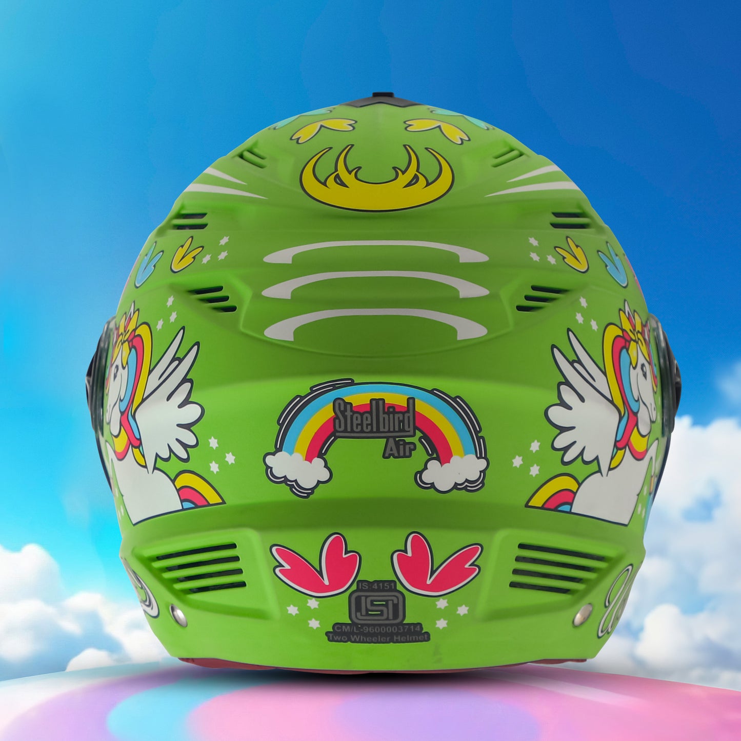 Steelbird SBA-6 Unicorn ISI Certified Open Face Graphic Helmet for Women and Kids (Matt Green with Clear Visor)