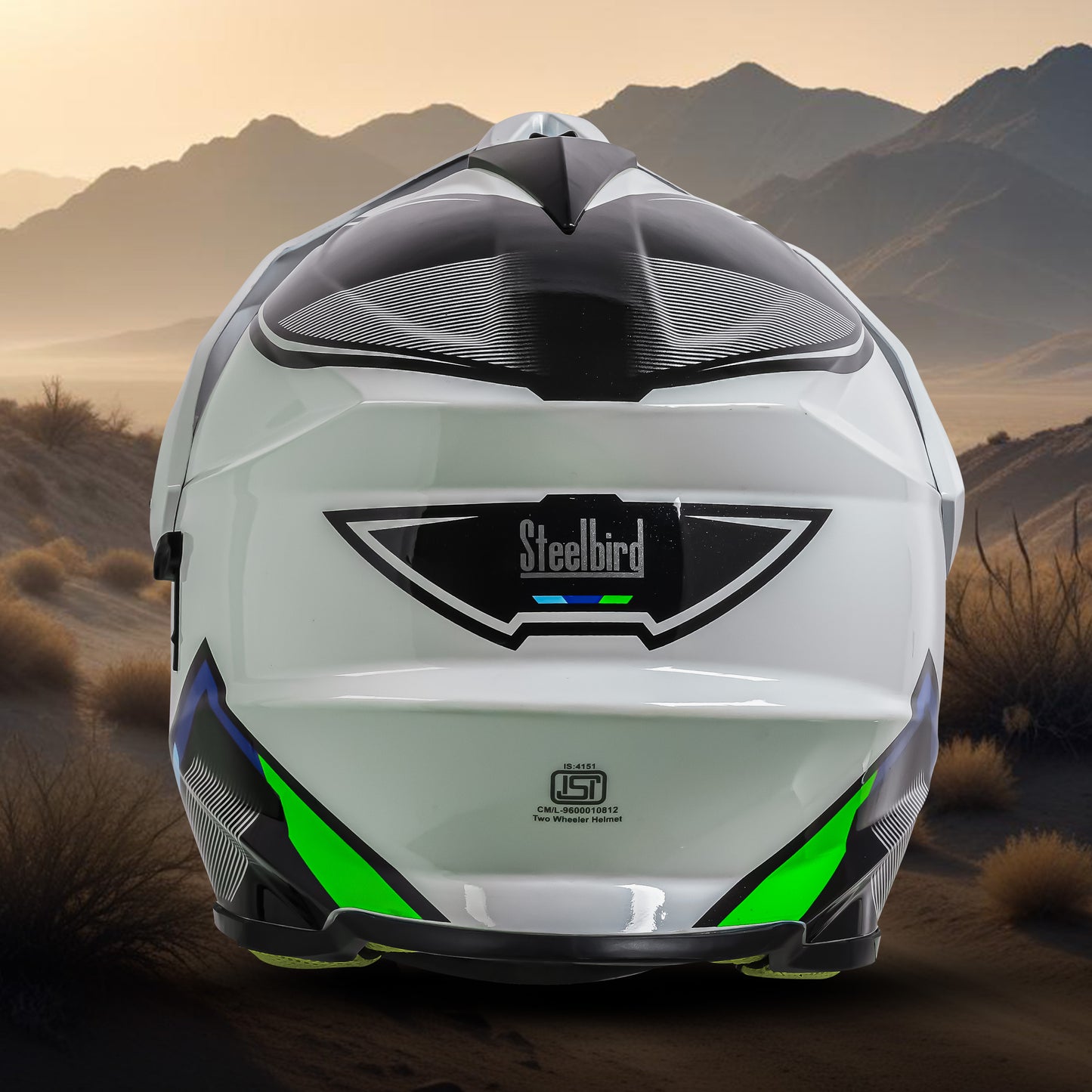 Steelbird Racer Off Road ISI Certified Motocross Double Visor Full Face Graphic Helmet Outer Clear Visor and Inner Silver Sun Shield (Glossy White Green)
