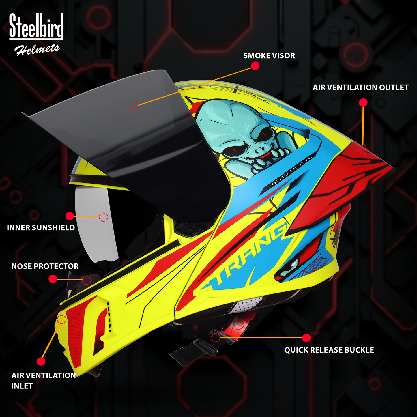 Steelbird SBA-20 Strange ISI Certified Flip-Up Graphic Helmet for Men and Women with Inner Silver Sun Shield (Glossy Fluo Neon Cyan Green with Smoke Visor)