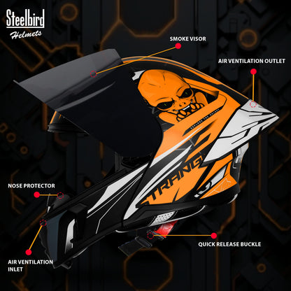 Steelbird SBA-20 Strange ISI Certified Flip-Up Graphic Helmet for Men and Women (Glossy Black Orange with Smoke Visor)