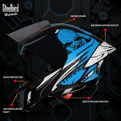 Steelbird SBA-20 Strange ISI Certified Flip-Up Graphic Helmet for Men and Women (Glossy Black Jazz Blue with Smoke Visor)