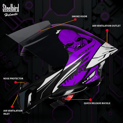Steelbird SBA-20 Strange ISI Certified Flip-Up Graphic Helmet for Men and Women (Glossy Black Purple with Smoke Visor)