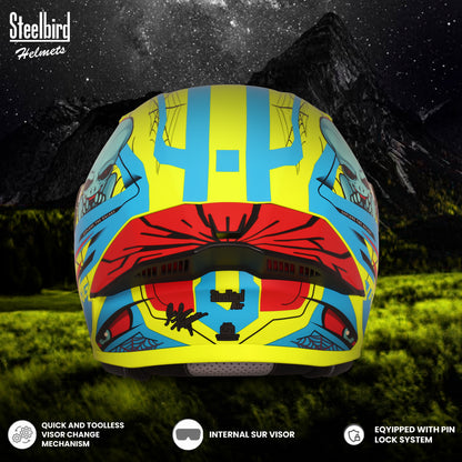 Steelbird SBA-20 Strange ISI Certified Flip-Up Graphic Helmet for Men and Women (Glossy Fluo Neon Cyan Green)