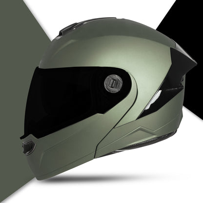 Steelbird SBA-8 7Wings ISI Certified Flip-Up Helmet for Men and Women (Matt Battle Green with Smoke Visor)