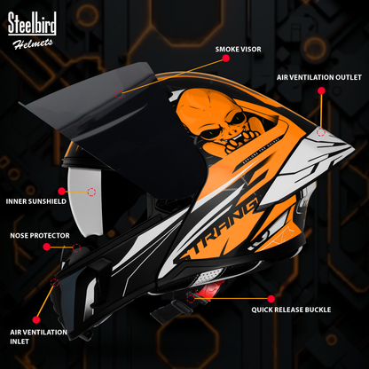 Steelbird SBA-20 Strange ISI Certified Flip-Up Graphic Helmet for Men and Women with Inner Silver Sun Shield (Glossy Black Orange with Smoke Visor)