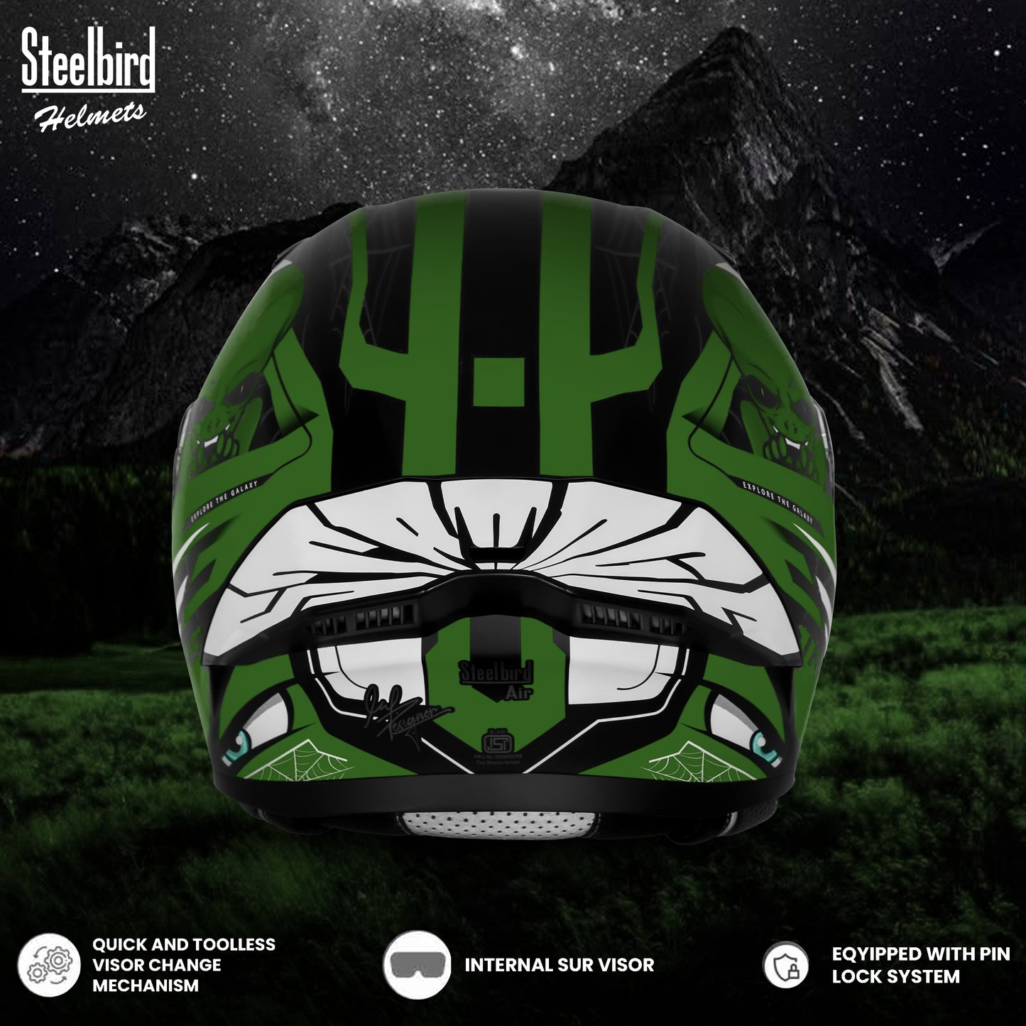 Steelbird SBA-20 Strange ISI Certified Flip-Up Graphic Helmet for Men and Women (Glossy Black Battle Green)