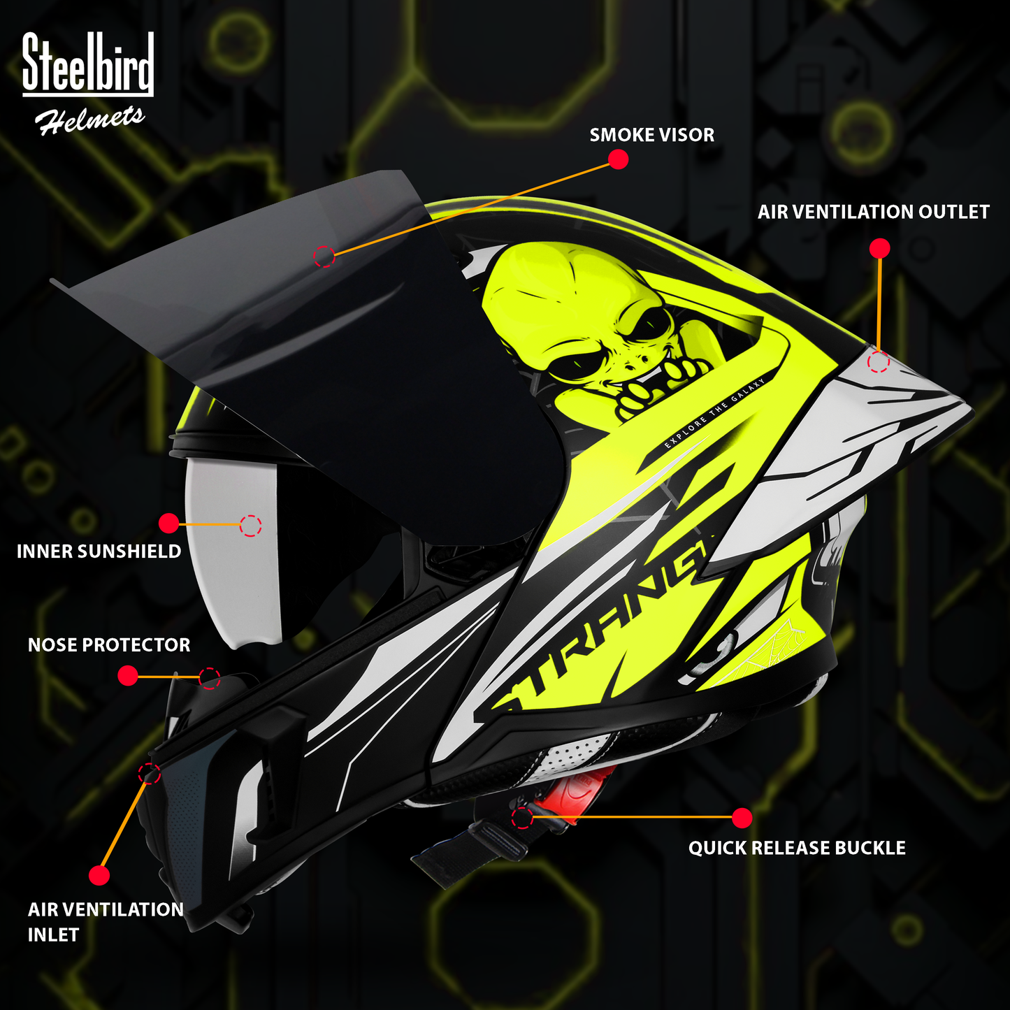 Steelbird SBA-20 Strange ISI Certified Flip-Up Graphic Helmet for Men and Women with Inner Silver Sun Shield (Glossy Black Neon with Smoke Visor)