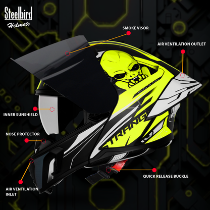 Steelbird SBA-20 Strange ISI Certified Flip-Up Graphic Helmet for Men and Women with Inner Silver Sun Shield (Glossy Black Neon with Smoke Visor)