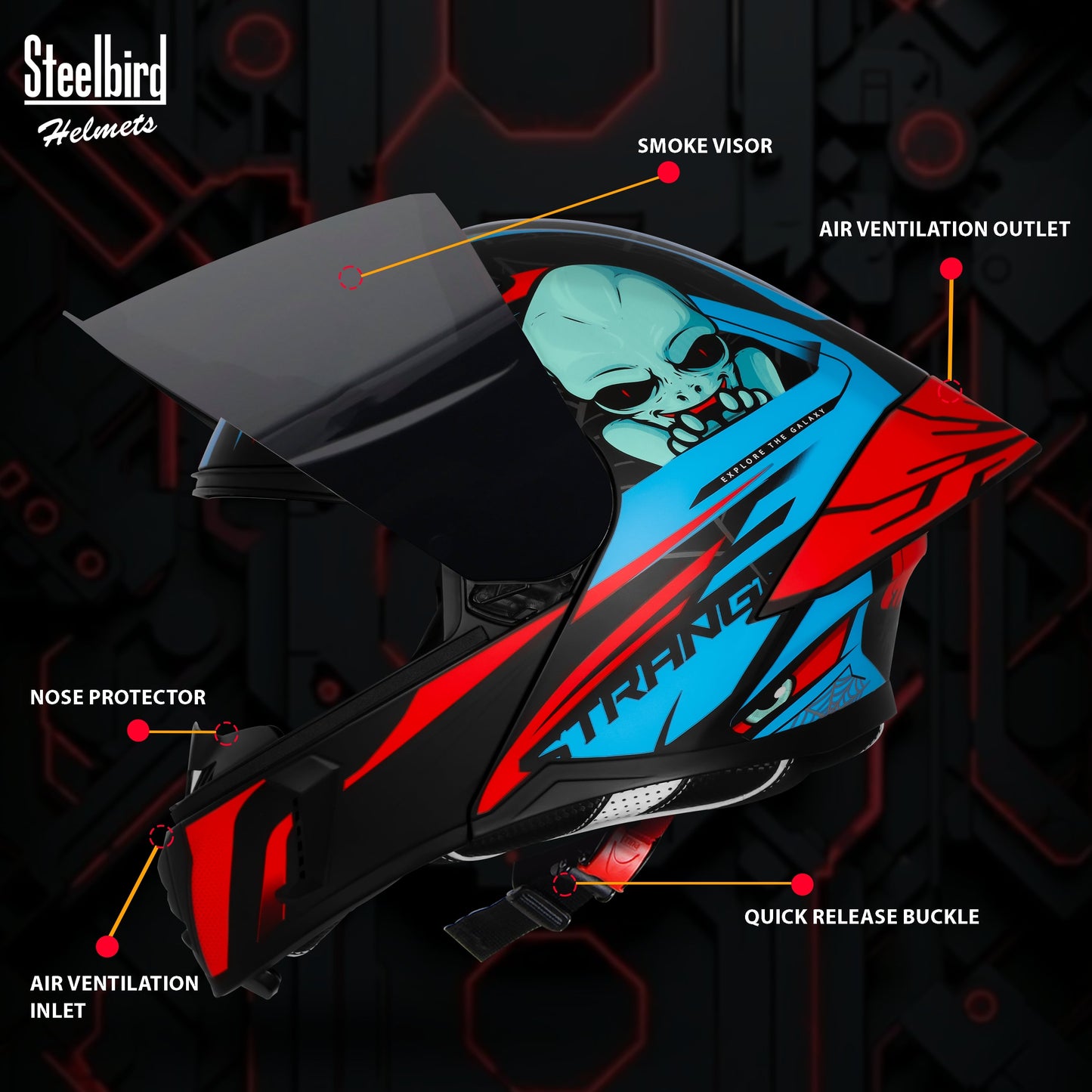 Steelbird SBA-20 Strange ISI Certified Flip-Up Graphic Helmet for Men and Women (Glossy Black Cyan Green with Smoke Visor)