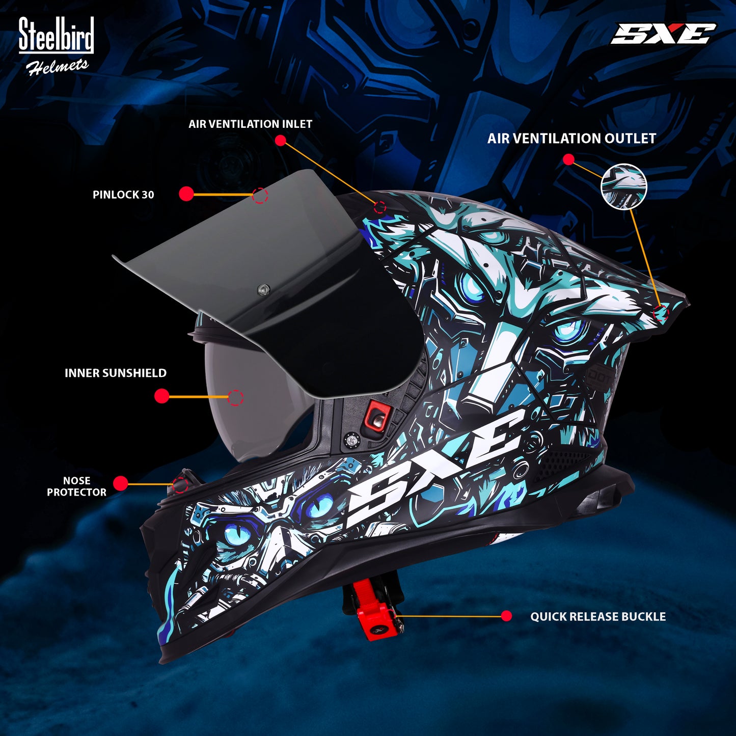 Steelbird SBH-61 SXE X1 Pinlock ISI and Dot Certified Full Face Helmet for Men with Inner Silver Sunshield (Glossy Black Sky Blue with Smoke Visor)