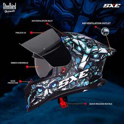 Steelbird SBH-61 SXE X1 Pinlock ISI and Dot Certified Full Face Helmet for Men with Inner Silver Sunshield (Glossy Black Sky Blue with Smoke Visor)