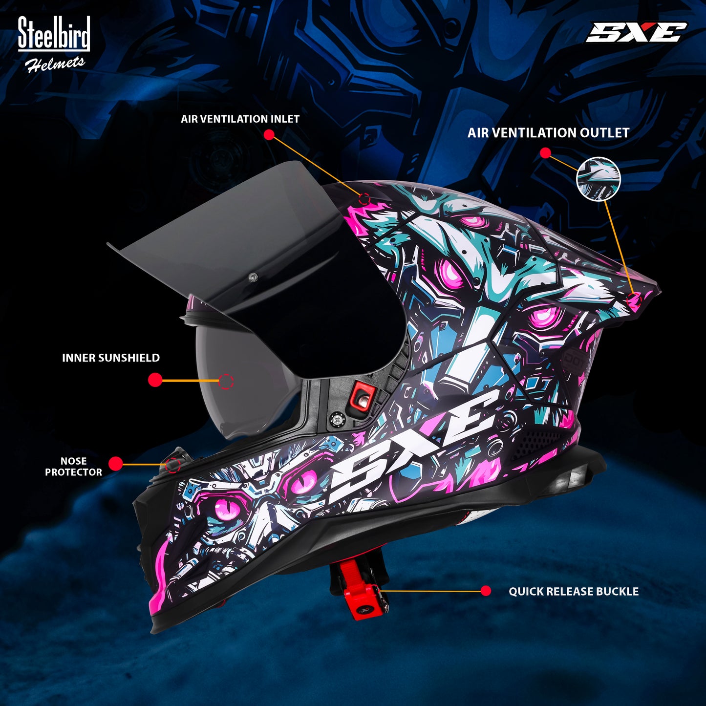 Steelbird SBH-61 SXE X1 ISI and Dot Certified Full Face Helmet for Men with Inner Silver Sunshield (Glossy Black Purple)