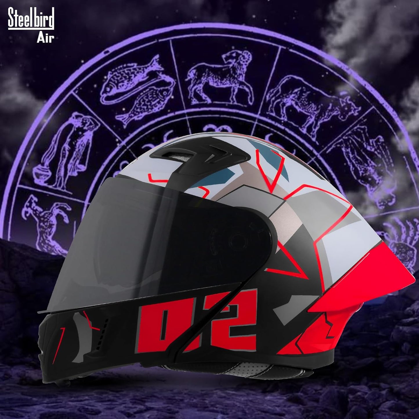 Steelbird SBA-20 02 ISI Certified Flip-Up Graphic Helmet for Men with Inner Chrome Sun Shield (Glossy Black Red)