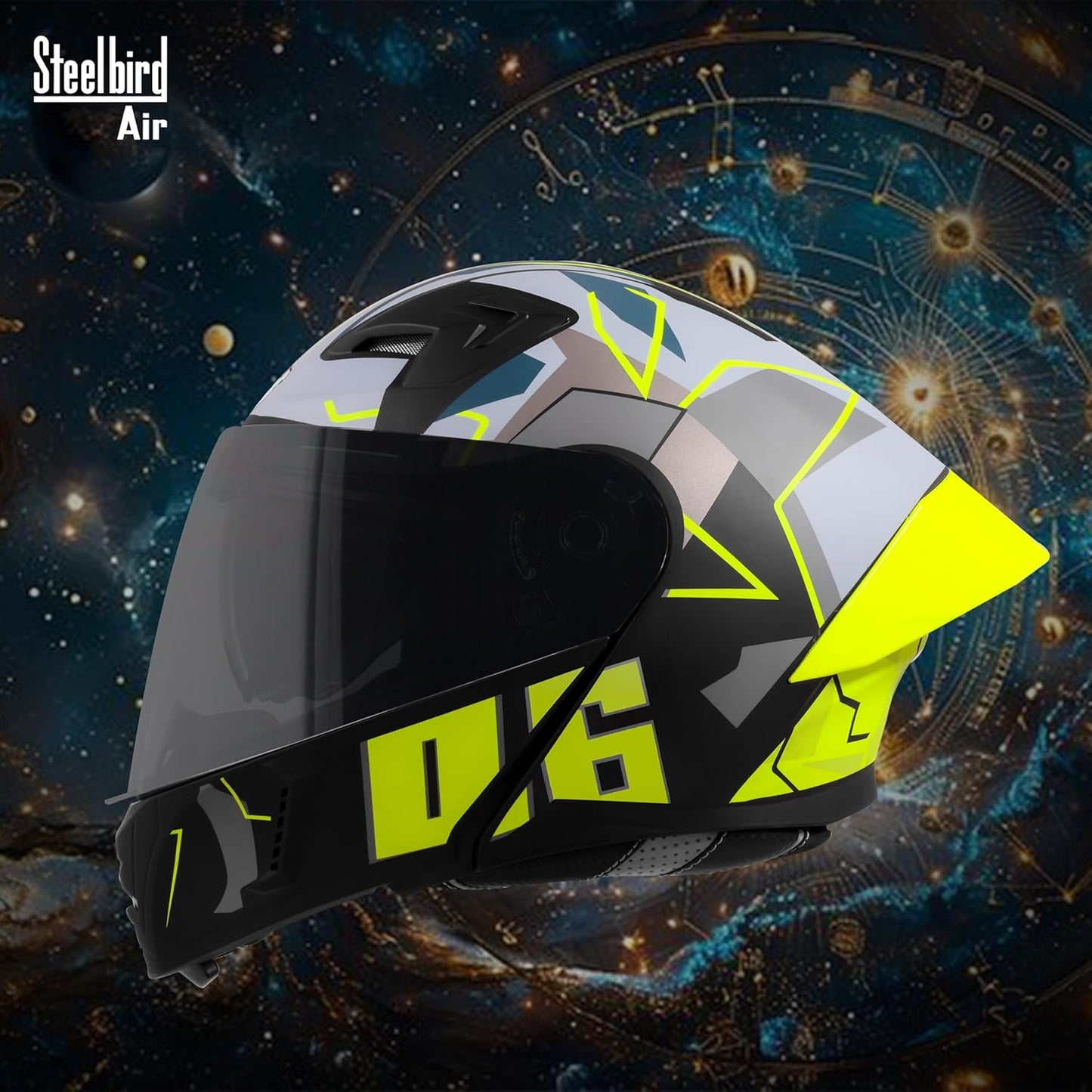 Steelbird SBA-20 06 ISI Certified Flip-Up Graphic Helmet for Men with Inner Chrome Sun Shield (Glossy Black Neon)