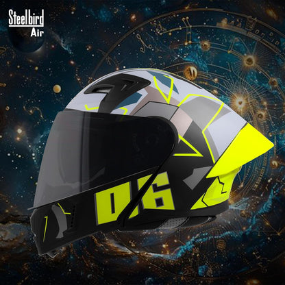 Steelbird SBA-20 06 ISI Certified Flip-Up Graphic Helmet for Men with Inner Chrome Sun Shield (Glossy Black Neon)