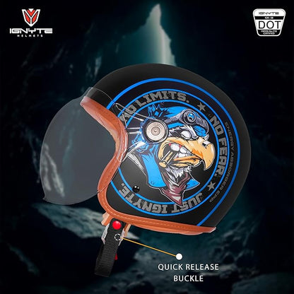 Ignyte IGN-58 Eagle ISI and DOT Certified Open Face Graphic Helmet for Men and Women (Glossy Black Blue)