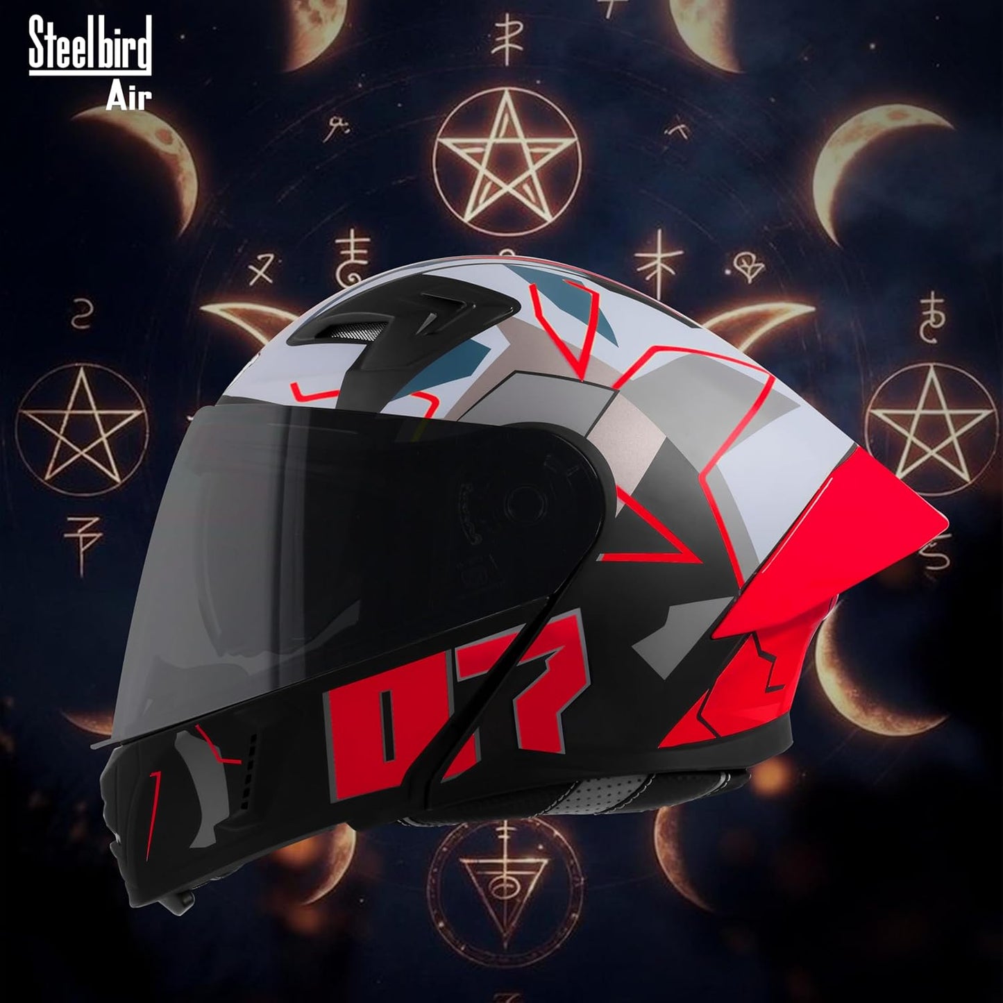 Steelbird SBA-20 07 ISI Certified Flip-Up Graphic Helmet for Men with Inner Chrome Sun Shield (Glossy Black Red)