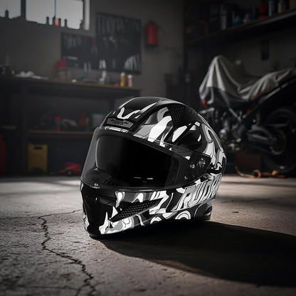 Steelbird SBH-25 Rudra Agni ISI Certified Full Face Graphic Helmet for Men with Inner Smoke Sun Shield (Glossy Black Grey)