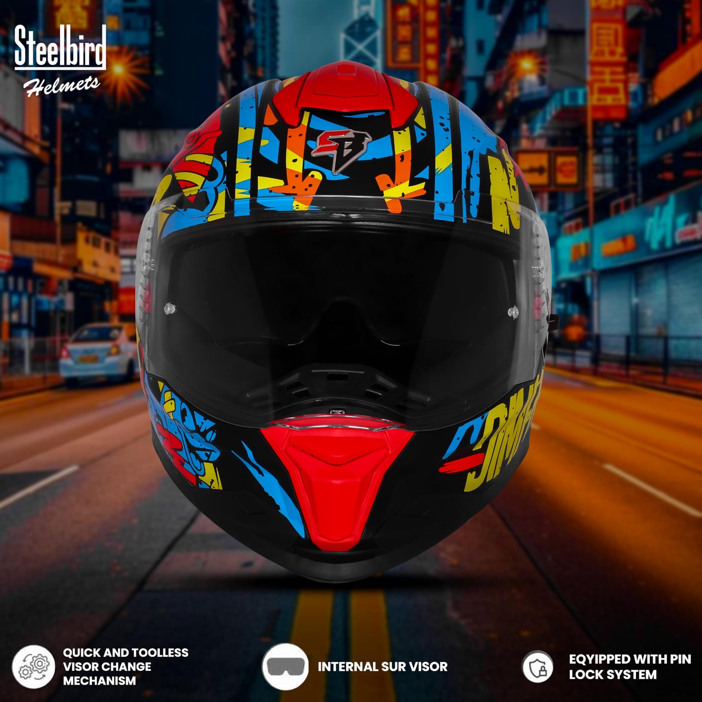 Steelbird SBH-57 Fighter F10 Graphic Helmet ISI and DOT Certified Full Face Helmet for Men with Inner Silver Sun Shield (Glossy Black Neon Red)