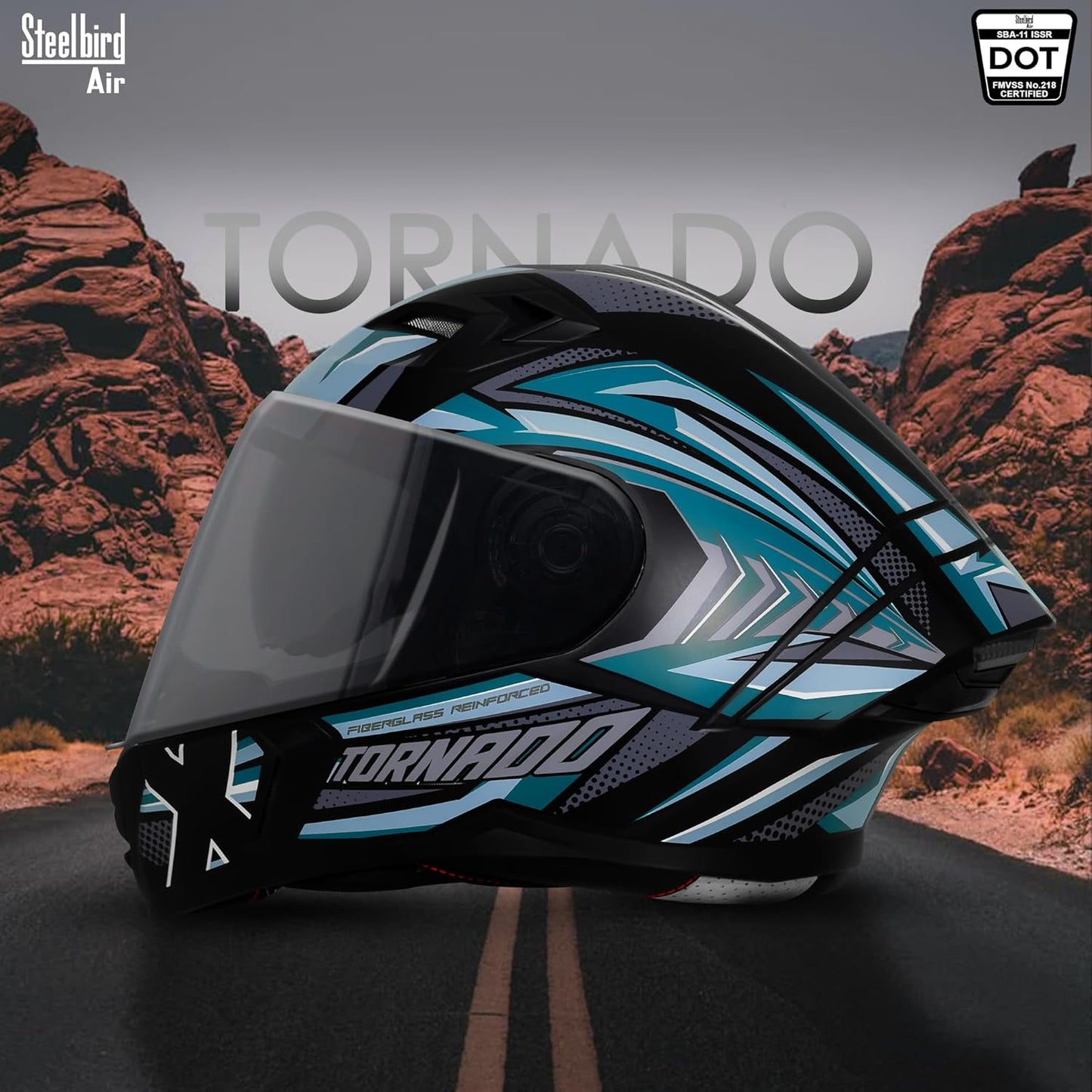 Steelbird SBA-11 Tornado Grey Reflector ISI and DOT Certified Full Face Helmet for Men and Women with Inner Silver Sun Shield (Glossy Black Sea Green with Smoke Visor)