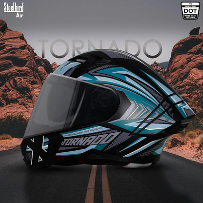 Steelbird SBA-11 Tornado Grey Reflector ISI and DOT Certified Full Face Helmet for Men and Women with Inner Silver Sun Shield (Glossy Black Sea Green with Smoke Visor)