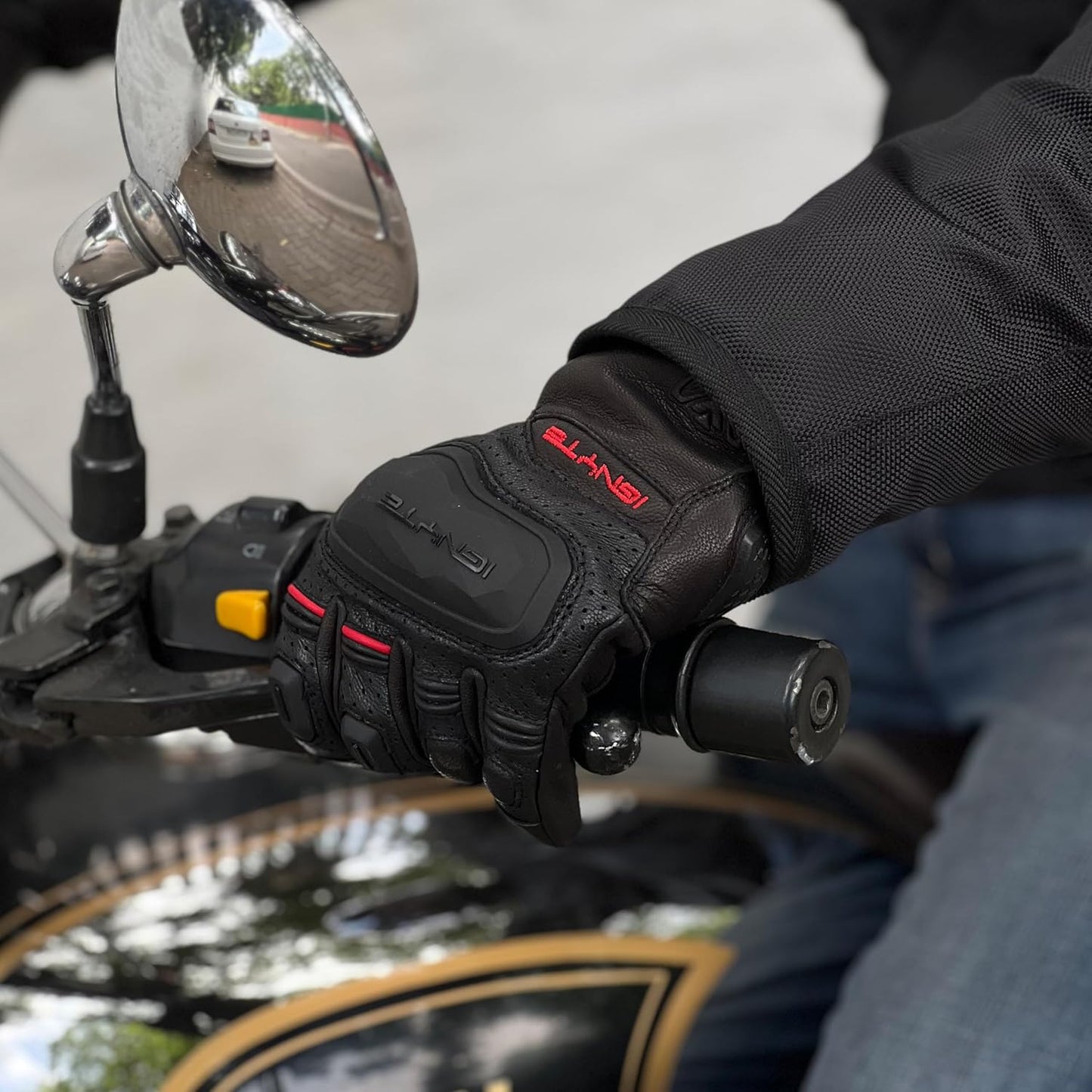 Ignyte Gauntlet Full Finger Bike Riding Leather Gloves with Touch Screen Sensitivity at Thumb and Index Finger, Protective Off-Road Motorbike Racing (Black)