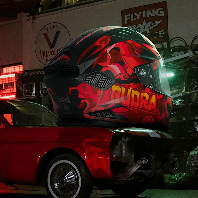 Steelbird SBH-25 Rudra Agni ISI Certified Full Face Graphic Helmet for Men with Inner Smoke Sun Shield (Glossy Black Red)