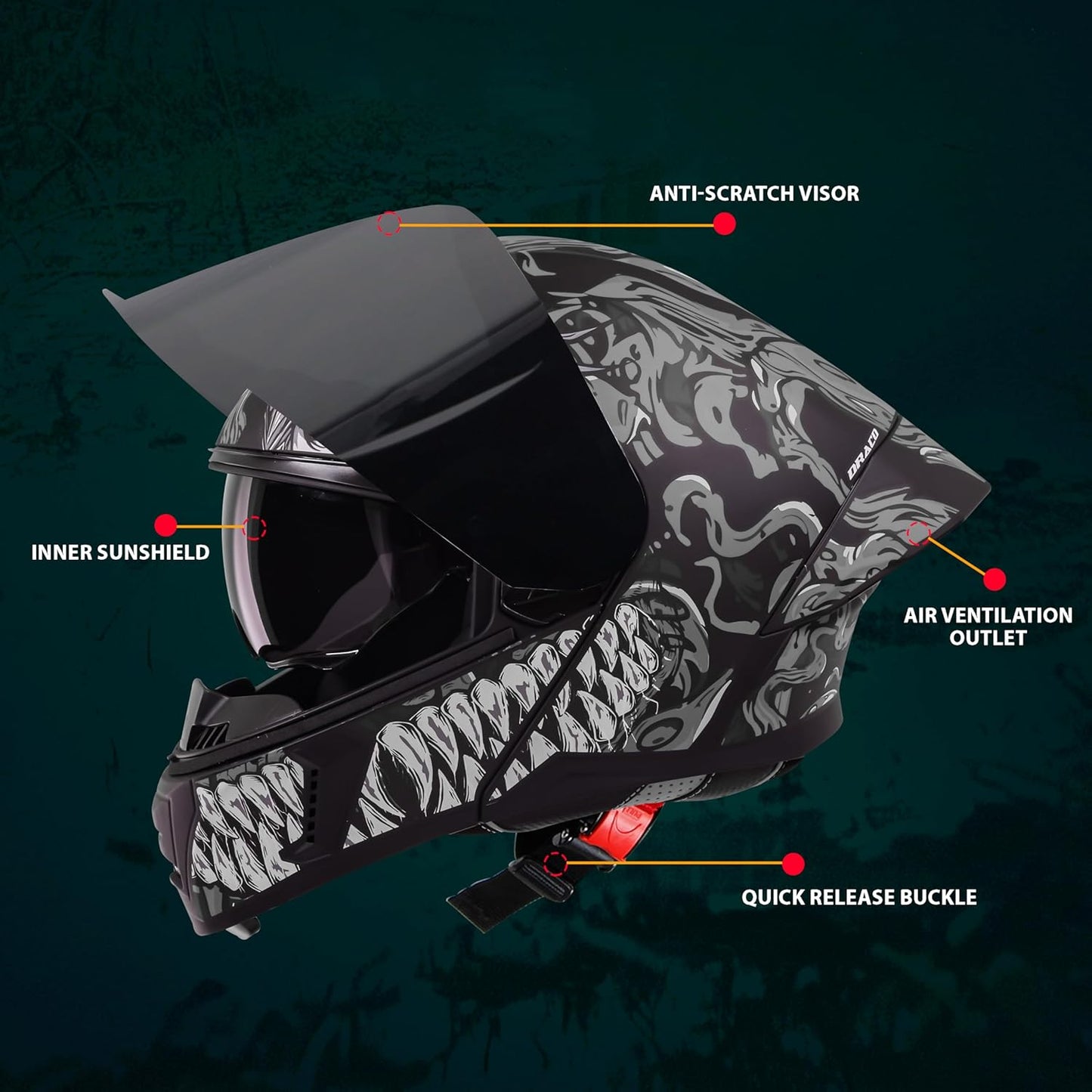 Steelbird SBA-20 Draco ISI Certified Flip-Up Helmet for Men and Women with Inner Smoke Sun Shield (Glossy Black Grey with Smoke Visor)