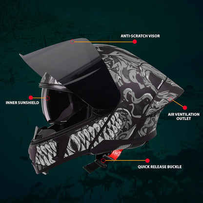 Steelbird SBA-20 Draco ISI Certified Flip-Up Helmet for Men and Women with Inner Smoke Sun Shield (Glossy Black Grey with Smoke Visor)