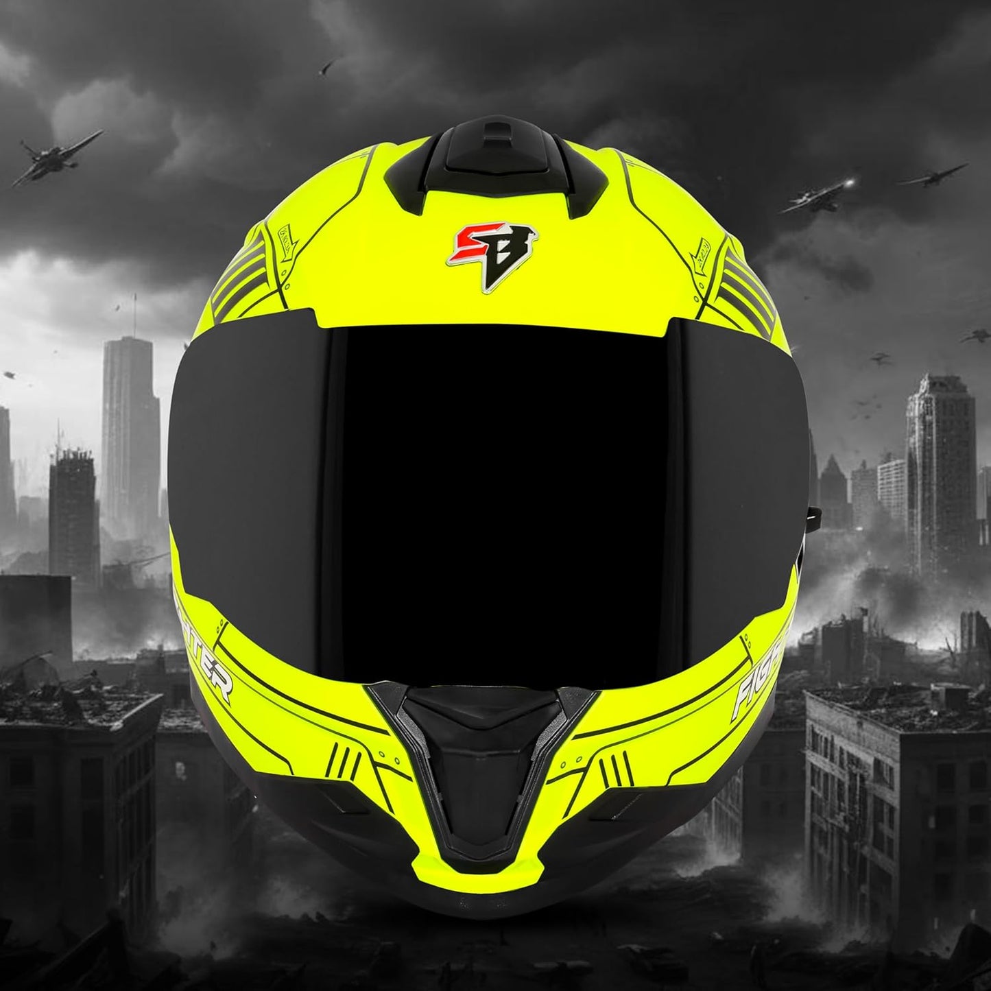 Steelbird SBH-57 Fighter F6 ISI and DOT Certified Full Face Helmet for Men and Women with Inner Silver Sun Shield (Glossy Neon Black)