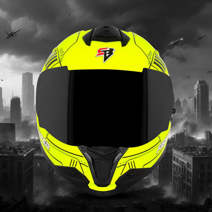 Steelbird SBH-57 Fighter F6 ISI and DOT Certified Full Face Helmet for Men and Women with Inner Silver Sun Shield (Glossy Neon Black)