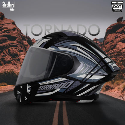 Steelbird SBA-11 Tornado Grey Reflector ISI and DOT Certified Full Face Helmet for Men and Women with Inner Silver Sun Shield (Glossy Black Grey with Smoke Visor)