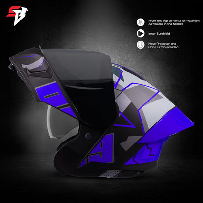 Steelbird SBA-20 09 ISI Certified Flip-Up Graphic Helmet for Men and Women with Inner Chrome Sun Shield (Glossy Black Blue With Smoke Visor)